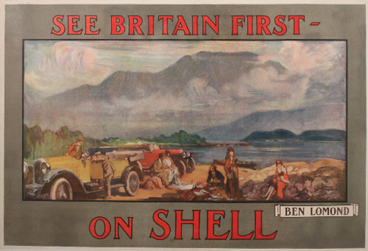 A Shell Oil poster by French artist Charles Fouqueray pictures Ben Lomond, a distinctive mountain in Scotland. The 1925 poster, one in a series by Fouqueray, is estimated to bring more than $1,500. Image courtesy of Onslows Auctioneers.